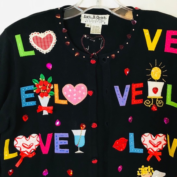 Vintage Valentines Jack B Quick Black Love Embellished Sweater - Picture 9 of 11